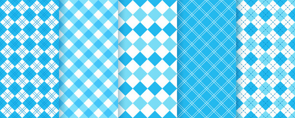 Lozenge checkered seamless pattern. Argyle diamond backgrounds. Set blue rhombus plaid prints. Vector illustration. Bavarian Oktoberfest textures. Modern geometric backdrop.
