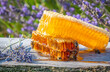 honey in honeycombs and lavender on a wooden table close up