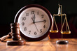 Concept showing of Problems with legal system, delay or slow in judicial justice system by using judge hammer, balance scale and wall clock.