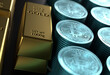 © happyframe - a pile of gold bars and a scattered pile of bitcoins. Placed on table. 3d render