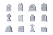 Cemetery Set Graveyard Tombstone Of Different Shape And Form. Monochrome Memory Tomb, Afterlife Memorial With Carved Crucifix And Cross For Tomb, Burial Service Vector Illustration