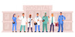 © studioworkstock - Doctor team in medical uniform smile stand at hospital yard. Clinic emergency medic professional staff service advertisement, health care specialist group and paramedic vector illustration