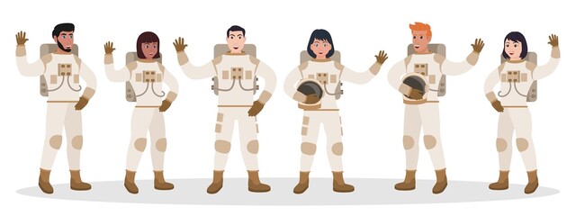 diverse team of astronaut in cosmic costume gesturing greeting in row. male and female cosmonaut cha