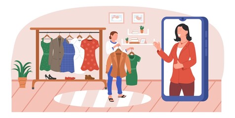 Professional stylist consultant in social media mobile app. Woman customer getting advice choosing trendy outfit, parsing garment being at home using smartphone vector illustration