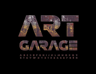 Vector creative template Art Garage. Aged metallic Font. Rusty Gold Alphabet Letters and Numbers set