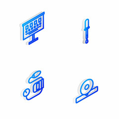 Poster - Set Isometric line Pipette, Eye test chart, Blood pressure and Otolaryngological head reflector icon. Vector