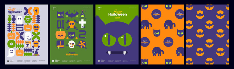 Wall Mural - Happy Halloween. October 31. A set of simple vector illustrations. Minimalist, geometric, background pattern, icon. Perfect for poster, media banner, cover or postcard.