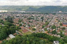 A Morning Aerial View Of Ambridge, A Small Working Class River Town In Western Pennsylvania. The Ohio River In The Distance. Pittsburgh Suburbs.  	