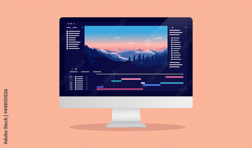 Video editing on desktop computer - Software to edit videos on screen with nature landscape scene, timeline and user interface. Multimedia and film production concept. Vector illustration - obrazy, fototapety, plakaty 