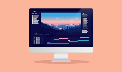 Leinwandbilder - Video editing on desktop computer - Software to edit videos on screen with nature landscape scene, timeline and user interface. Multimedia and film production concept. Vector illustration