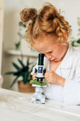 Wall Mural - Little girl in white uniform and protective glasses looks into the microscope in a home laboratory.Back to school concept.Young scientists.Natural sciences.Preschool and school education of children.