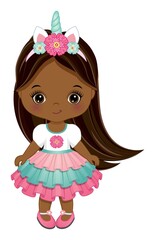 Canvas Print - Cute African American Unicorn Baby Girl Wearing Ruffled Dress and Horn with Flowers. Vector Unicorn Baby Girl