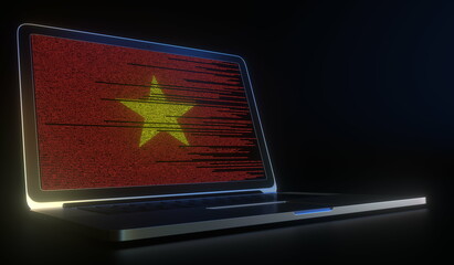 Laptop and source code on the screen composing flag of Vietnam. National information technology related 3d rendering