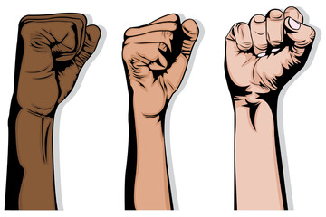 Three interracial hands that raise their fists up