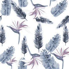  White Pattern Plant. Gray Tropical Leaves. Blue Floral Nature. Indigo Flora Art. Cobalt Decoration Illustration. Navy Wallpaper Illustration. Azure Spring Hibiscus.