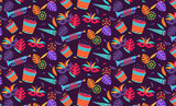 Fototapeta Młodzieżowe - festival abstract pattern consists of illustrations of trumpets, drums, fireworks, party masks, party glasses, leaves and party ornaments. pattern for festivals or parties