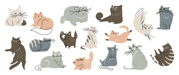 Naklejka na meble Cute cat doodle vector set. Cartoon cats or kitten characters design collection with flat color in different poses. Set of purebred pet animals isolated on white background.
