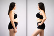 Woman Before And After Weight Loss On Gray Background