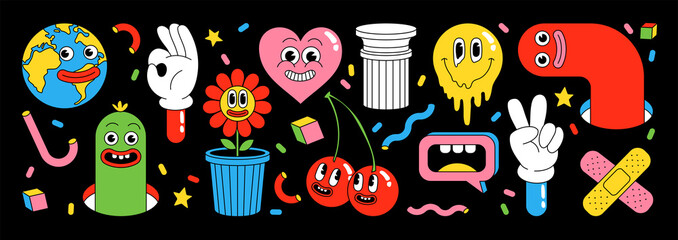 Wall Mural - Sticker pack of funny cartoon characters. Vector illustration of comic heart, patch, earth, berry, abstract faces etc.