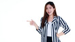 © Bangkok Click Studio - funny cutout portrait of beautiful young healthy businesswoman on black and white suit confidently standing with arm akimbo and finger pointing out with smile to right choice and target she focus