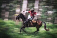 Panning Photography Techniques By Set Camera To A Slow Shutter Speed And Move To Follow A Moving Subject While Pressing Shutter. Resulting Image Can Be Seen As A Cowboy Is Riding A Horse Moving Fast.