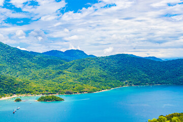 Big tropical island Ilha Grande Abraao beach panorama Brazil.