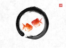 Two Red Fishes In Black Enso Zen Circle On Rice Paper Background. Traditional Oriental Ink Painting Sumi-e, U-sin, Go-hua. Translation Of Hieroglyph - Good Luck