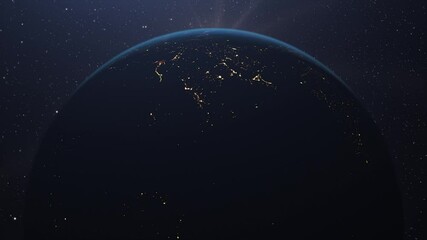 Wall Mural - Realistic sunrise over world horizon seen from space. Rotating animation of planet Earth and rising sun in behind. Changing from night to day. 