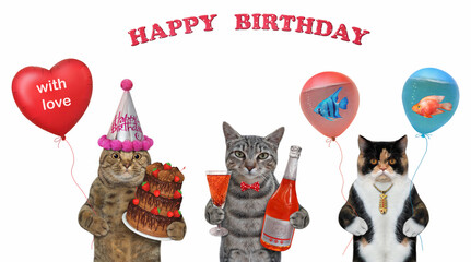 Wall Mural - Three cats are celebrating a  birthday. White background. Isolated.