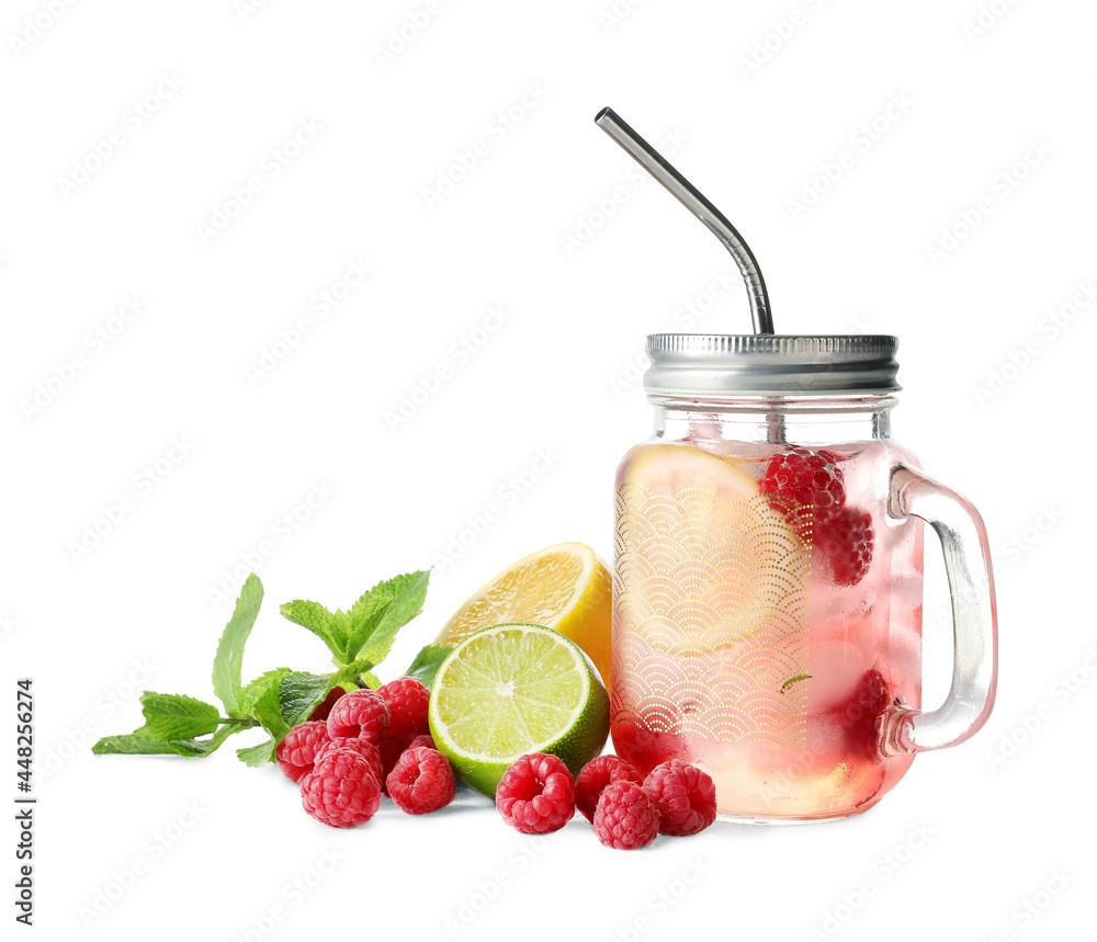 Mason jar with tasty raspberry lemonade on white background