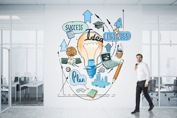 Wall Mural - Businessman in white shirt holding his jacket on shoulder and walking throughout the wall with business development sketch, office in downtown with panoramic windows. Brainstorm concept.