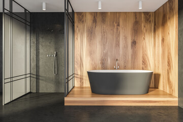 wooden bathroom space inside black interior with shower cabin