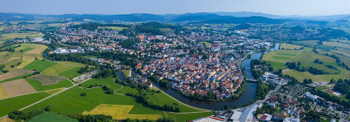 Wall Mural - Aerial view of the city Cham in Germany, Bavaria on a sunny day in Spring