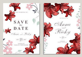 Wall Mural - Wedding invitation with blooming flowers and plant leaves. Vector Holiday Menu Invitation Gratitude Set.