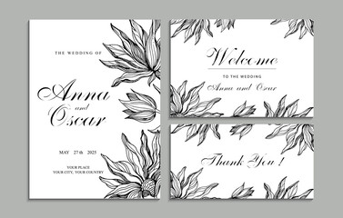 Wall Mural - Wedding invitation with blooming flowers and plant leaves. Vector Holiday Menu Invitation Gratitude Set.