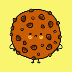 Cute sad chocolate cookies  character. Vector hand drawn cartoon kawaii character illustration icon. Isolated on yellow background. Chocolate cookies character concept