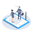 © dimon_ua - isometric vector illustration isolated on white background, man and woman in business suits shake hands while standing on a tablet with a document, agreement in business and conclusion of a contract