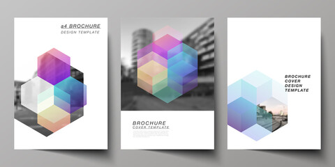 Wall Mural - vector layout of a4 format cover mockups design templates with colorful hexagons, geometric shapes, 