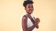 Leinwandbild Motiv African American teenager showing COVID-19 vaccine bandage merrily in concept of coronavirus vaccination program to vaccinate citizen .