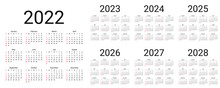 Calendar 2022, 2023, 2024, 2025, 2026, 2027, 2028 Years. Vector. Week Starts Sunday. Simple Calender Layout. Desk Calendar Template. Yearly Stationery Organizer. Square Shape Illustration