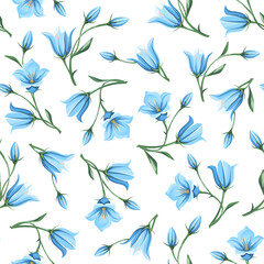  Vector seamless floral pattern with blue bluebell (campanula) flowers on a white background.