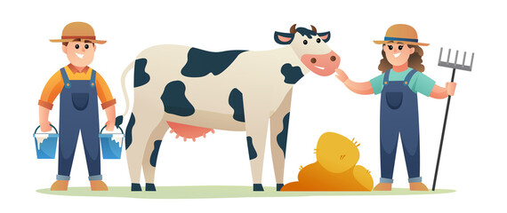 Poster - Cute boy and girl of cow farmer with dairy cow and grain cartoon illustration