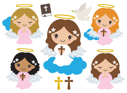 Fototapete - Cute little girl baptism angels praying and holding cross vector illustration.