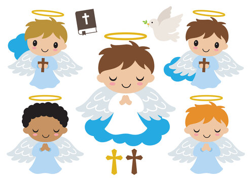 Fototapete - Cute little boy baptism angels praying and holding cross vector illustration.