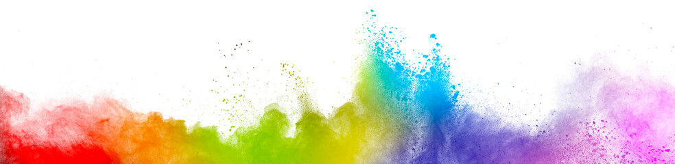 Wall Mural - Colorful rainbow holi paint. Vivid color powder explosion isolated on white wide panorama background.