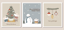 Set Of Winter Holiday Greeting Cards With Cute Mice, Snowman, Christmas Tree, And Christmas Ornaments In Trendy Dusty Pastel Colors. Winter Holiday Greeting Card Templates.