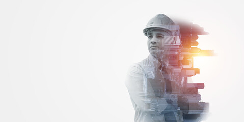 Double exposure image of man engineer overlay with building architecture cityscape. creation city concept.