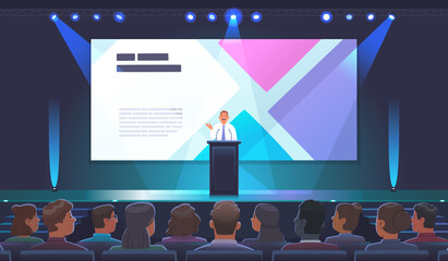 A male speaker speaks behind the podium with a speech at a presentation in a large conference room full of spectators. A politician or businessman, a teacher giving a speech at an international forum.