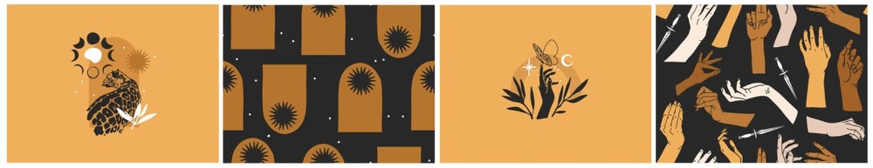 Wall Mural - Hand drawn vector abstract flat stock graphic illustration seamless pattern collection set with magic astrology celestial golden moon phases,sun and stars,contemporary mystic and simple collage shape.