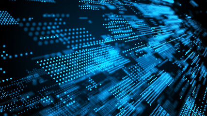 Digital technology background. Directed stream of luminous particles. Big data visualization. 3d rendering.